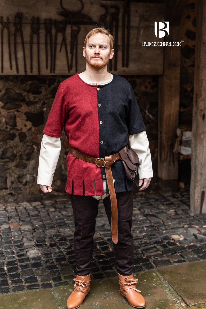 Red and black Burgschneider Aleran Mi-Parti surcoat at The Clothier&rsquo;s House.